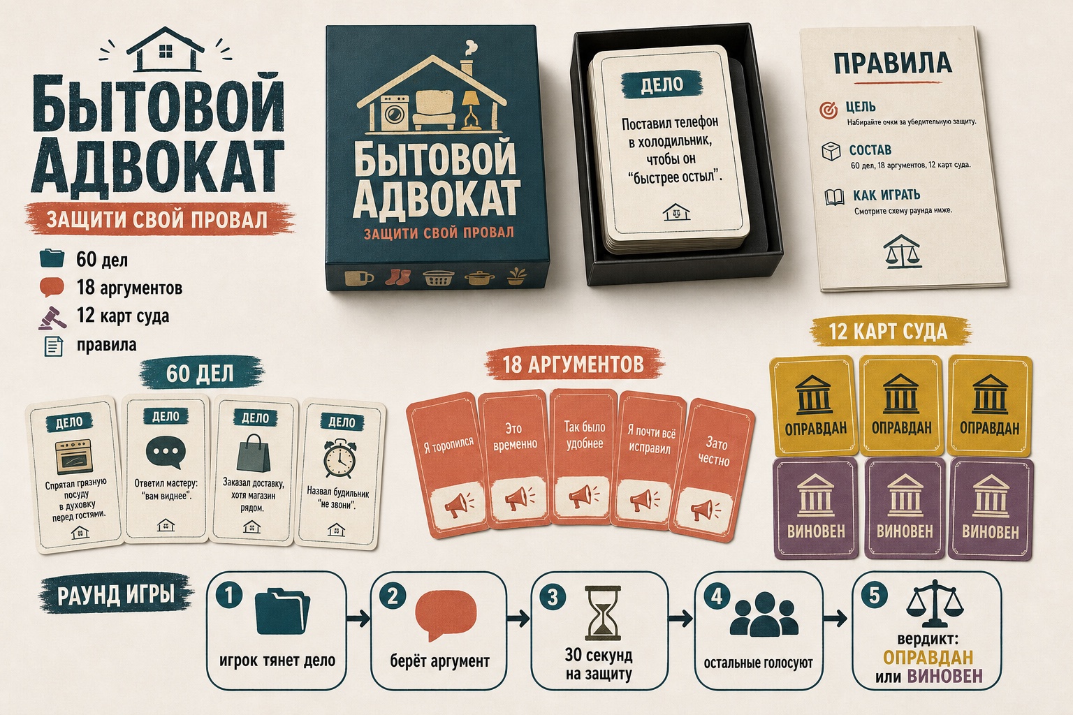 Визуальная раскладка карточной игры «Бытовой адвокат»: коробка, карточки, правила и схема раунда